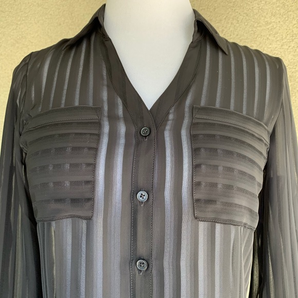 🔥5/$20🔥 Black Chiffon Shirt Sheer Stripes - Picture 5 of 8